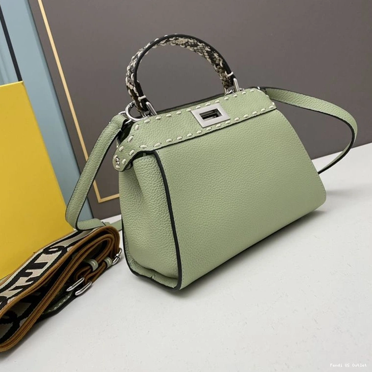 Vintage HOT Green Mini Leather In Peekaboo Bag Stitching Fendi Calf Iconic 0801